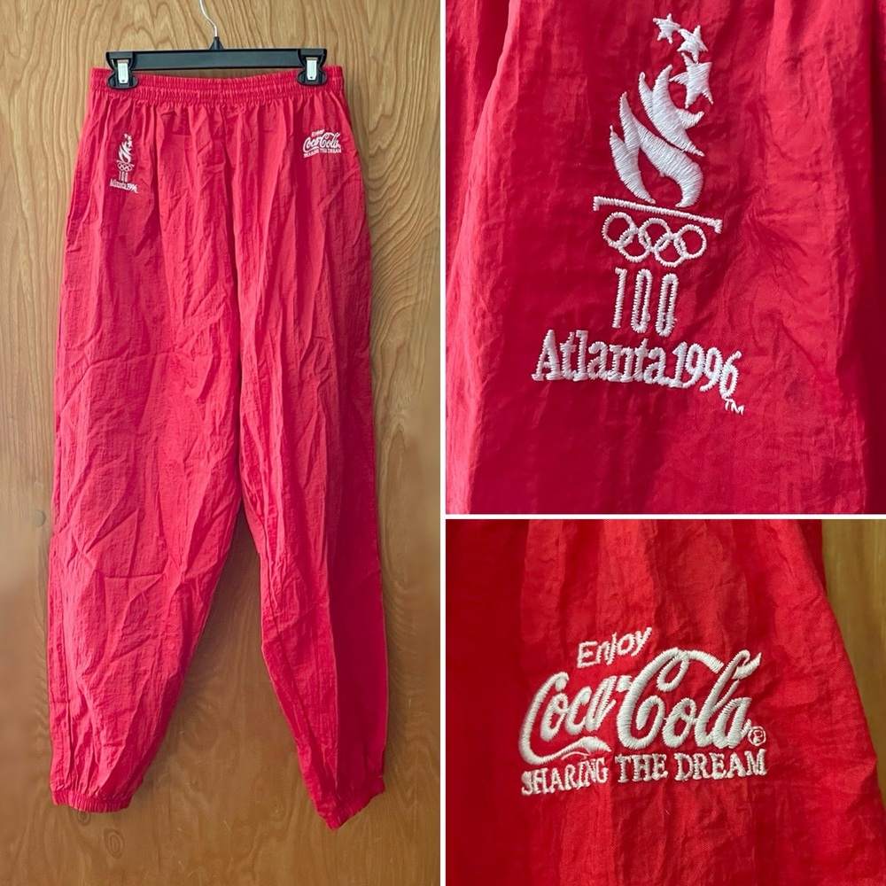 Vintage Olympics 1996 Atlanta Coca Cola nylon jogging pants, red, men’s XL